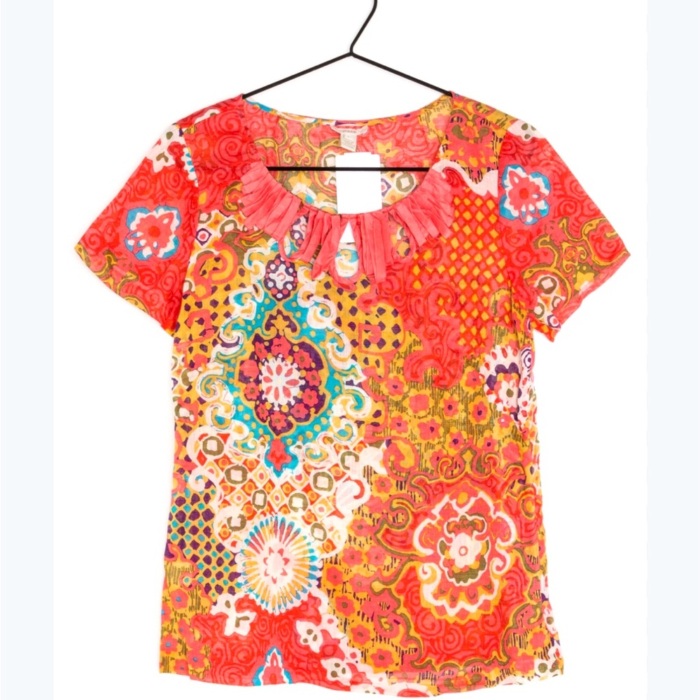 Vintage J Crew Medallion Lattice Short Sleeve Blouse size 0